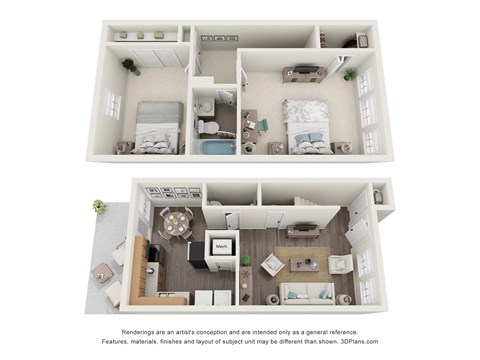 Floor plan for 2 beds, 1.5 baths, 1000 sqft